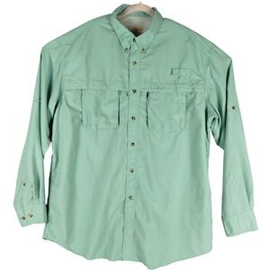 LL Bean Fishing Button Shirt Green Safari Mens XL Vented Roll Tab Sleeve